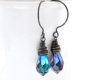 Oxidized Blue Earrings, Blue and Teal Teardrop Crystal Earrings, Wire Wrapped Sterling Silver Bridesmaid Earring Gift with Vintage Crystal