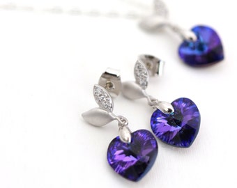 Cute Heart Necklace and Earrings Set, Purple Heart Jewelry Set for Bridesmaids, Flower Girl Gift Small Set for Women Sterling Silver Jewelry