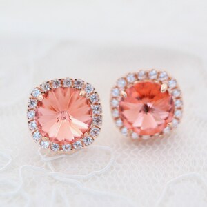 Peach Wedding Earring Studs Rose Gold, Coral Bridesmaid Earring Studs, Bridal Post Earrings, Swarovski Crystal Stud Earrings Sterling Silver