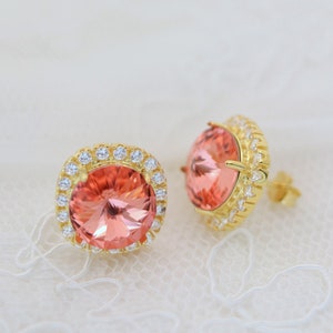 Gold Coral Wedding Earring Studs, Peach Bridesmaid Earring Studs, Bridal Post Earrings, Swarovski Crystal Stud Earrings Sterling Silver Rose
