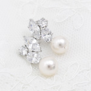 CZ Pearl Earrings, Statement Wedding Earring, Art Deco Bridal Earrings, Wedding Teardrop Earrings, Cubic Zirconia, White Sterling Silver