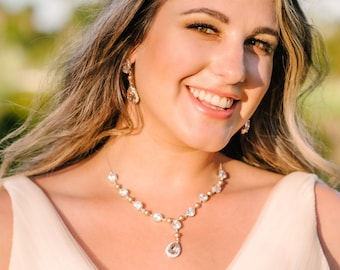 Champagne Swarovski Crystal Pearl Bridal Necklace, Blush Wedding Silver Elegant Jewelry