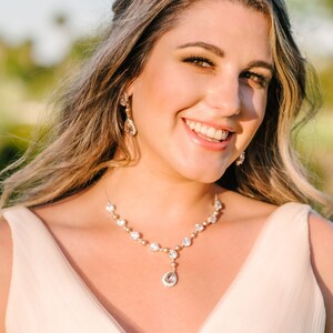 Blush Wedding Necklace, Champagne Swarovski Pearl Bridal Necklace, Crystal Statement Wedding Necklace, Sterling Silver, Cubic Zirconia Ivory
