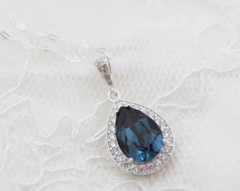 Navy Blue Wedding Necklace, Montana Blue Bridesmaid Necklace, Dark Blue Pendant Necklace, Clear CZ Jewelry, Blue Swarovski Necklace, Bridal