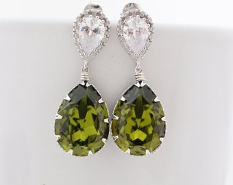 Olive Green Wedding Earrings for Bride, Swarovski Drop Earrings for Bridesmaids, Olivine Crystal Dangle Teardrop Sterling Silver - Gold Fill