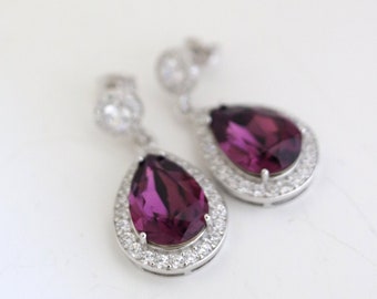 Amethyst Bridal Earrings, Burgundy Bridesmaid Dangle Earrings, Wine Wedding Earrings, Sterling Silver, Gold or Rose Gold Swarovski Crystals