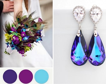 Peacock Wedding Earrings, Purple Turquoise Earring, Peacock Jewelry, Bridesmaid Peacock Earring, Heliotrope Swarovski Crystal Earring Purple