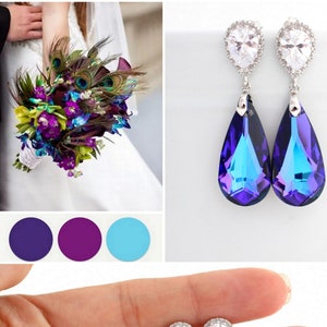 Peacock Wedding Earrings, Purple Turquoise Earring, Peacock Jewelry, Bridesmaid Peacock Earring, Heliotrope Swarovski Crystal Earring Purple