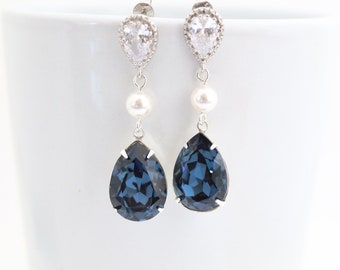 Navy Blue Bridal Earrings, Montana Blue Bridesmaid Earrings, Crystal and Pearl Drop Earrings, Teardrop Earrings, Dark Blue Wedding