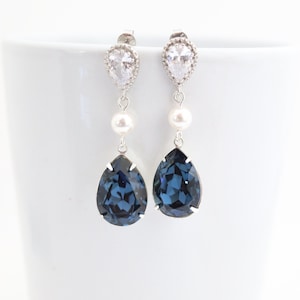 Navy Blue Bridal Earrings, Montana Blue Bridesmaid Earrings, Crystal and Pearl Drop Earrings, Teardrop Earrings, Dark Blue Wedding