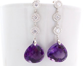 Real Amethyst Earrings, Purple Statement Wedding Earrings, Gemstone Teardrop Earrings, Drop Earrings, Bridal Earrings, Cubic Zirconia