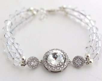 Clear Double Strand Bridal Bracelet for Wedding with Swarovski Crystals, Cubic Zirconia Statement Bracelet for Bride, Sterling Silver, Gold