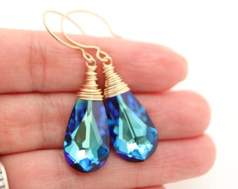 Dark Blue Crystal Teardrop Earrings, Gold Filled Drop Earring, Teal and Blue Wire Wrapped Earrings for Bridesmaid, Sterling Silver, Wedding