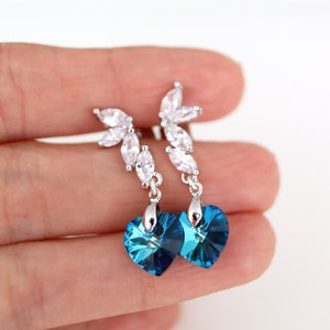 Peacock Wedding Earrings, Bermuda Blue Swarovski Crystal Earrings, Navy Blue Heart Earring, Bridesmaid Jewelry Gift, Drop Bridesmaid Earring