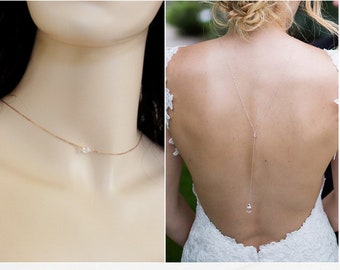 Dainty Bridal Backdrop Necklace Gold, Sterling Silver or Rose Gold, Delicate Wedding Back Drop Necklace, Long Back Necklace with Crystals