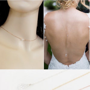 Dainty Bridal Backdrop Necklace Gold, Sterling Silver or Rose Gold, Delicate Wedding Back Drop Necklace, Long Back Necklace with Crystals