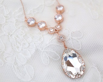 Rose Gold CZ Necklace for Bride, Statement Wedding Necklace, Cubic Zirconia Necklace with Clear Swarovski Crystals, Sterling Silver, Gold Y