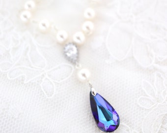 Purple Crystal and Pearl Wedding Necklace, Swarovski Bridal Y Necklace, Off White Ivory Pearl Necklace, White Blue Rosary Bridesmaid Jewelry