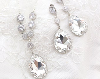 Statement Wedding Necklace and Earrings Set for Bride, Cubic Zirconia Clear Large Swarovski Crystal Teardrops, Sterling Silver, Gold or Rose