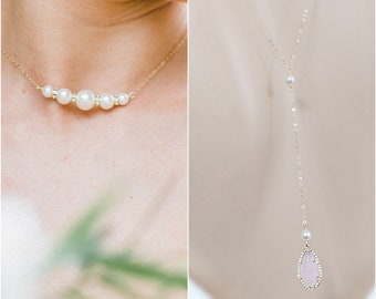 Delicate Pearl Bridal Back drop Necklace, Blush Pink Drop Wedding Backdrop Necklace, Gold or Sterling Silver Dainty Back Necklace