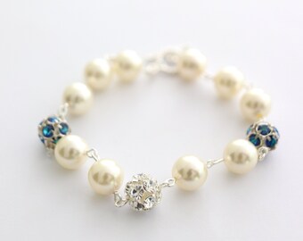 Ivory Pearl Bracelet, Cream Pearl Bridal Bracelet, Something Blue Bridesmaid Gift, Bridal Jewelry White Pearl, Wedding Jewelry for Bride