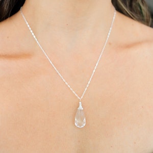 Clear Teardrop Crystal Bridesmaid Necklace for Wedding Day Gift. Wire Wrapped Transparent Drop Pendant for Bride on Sterling Silver Chain