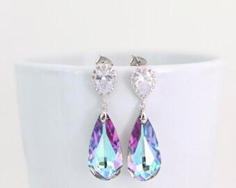 Pink and Teal Bridesmaid Earrings, Lavender Bridal Earrings, Vitrail Light Crystal Teardrop Earrings, Sparkly Dangle Earrings for Bride