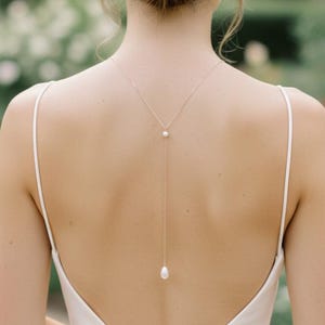 Pearl Backdrop Necklace for Wedding, Rose Gold Bridal Back Drop Necklace, Long Sterling Silver Back Necklace for Bride, Gold Filled Delicate