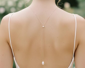 Pearl Backdrop Necklace for Wedding, Rose Gold Bridal Back Drop Necklace, Long Sterling Silver Back Necklace for Bride, Gold Filled Delicate