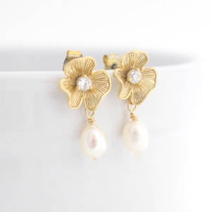 Gold or Silver Bridal Pearl Drop Earrings, Small Wedding Jewelry for Bride, Rose Gold Flower Dangle Earing Bridesmaids