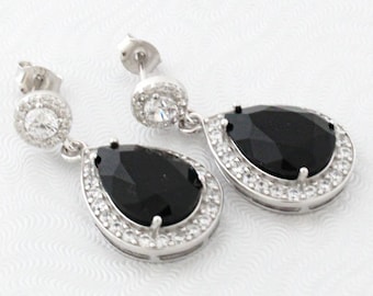 Black Wedding Earrings, Wedding Teardrop Earring, Bridal Jewelry, Black Bridal Earrings, Swarovski Jewelry, Silver Wedding Earrings, Jet