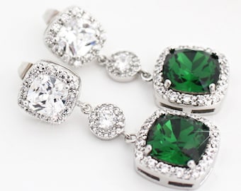 Green Wedding Earrings, Art Deco Bridal Earrings, Statement Wedding Earrings, Swarovski Crystal Bridal Earrings, Square Bridal Jewelry Green