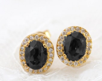 Black Wedding Earrings Gold, Black Bridal Earring Studs, Small Post Earrings, Gold Crystal Studs for Bride, Dainty Stud Earrings in Gold