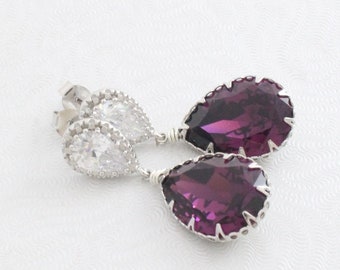 Purple Bridal Earrings Teardrops, Amethyst Bridesmaids Earrings Swarovski Crystal Drop, Sterling Silver Dangle, Cubic Zirconia Plum Wedding,