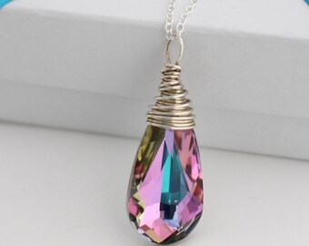 Lavender Swarovski Pendant Necklace, Bridesmaid Teardrop Necklace, Vitrail Light Necklace, Teal and Pink Necklace, Sterling Silver Gold Fill