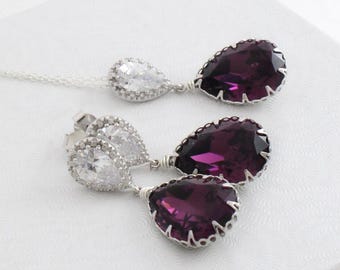 Swarovski Amethyst Jewelry Set, Purple Earring and Necklace Set, Wedding Earring, Bridal Teardrop Earring, Bridal Earring and Necklace Set