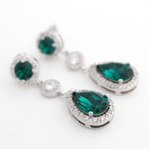 Emerald Green Bridal Earrings, Green Wedding Earrings, Swarovski Crystal Earrings, Teardrop Dangle Bridesmaid Jewelry, Cubic Zirconia Silver image 1