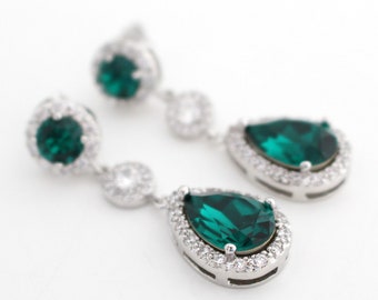 Emerald Green Bridal Earrings, Green Wedding Earrings, Swarovski Crystal Earrings, Teardrop Dangle Bridesmaid Jewelry, Cubic Zirconia Silver