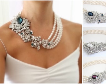 Chunky Statement Necklace, Bridal Statement Necklace, Pearl Brooch Necklace, The Great Gatsby Jewelry, Victorian Style Jewelry, Swarovski