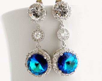 Bermuda Blue Bridal Earrings Teal and Blue Bridesmaid Wedding Jewelry Round Swarovski Crystal Halo Pave Earings CZ Glamorous Jewellery,
