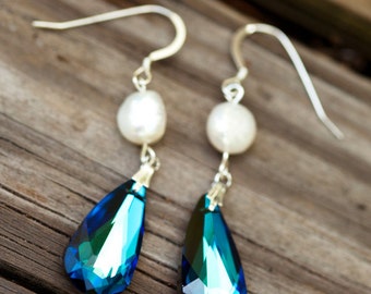 Bermuda Blue Bridal Earrings, Ivory Pearl and Crystal Earrings, Peacock Wedding Earrings, Blue Bridesmaid Jewelry, Teardrop Earrings Bridal