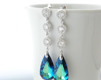 Peacock Wedding Earrings Long, Blue Wedding Earrings, Bermuda Blue Swarovski Earrings, Cubic Zirconia Earrings, Blue Bridal Earrings, Drop