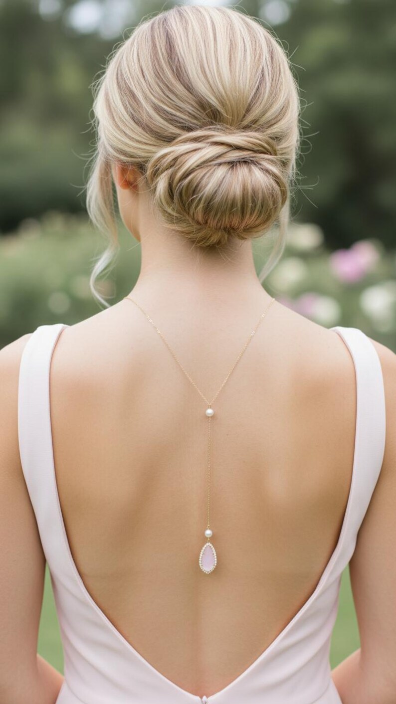 May include: A gold-colored necklace with a pearl and a teardrop-shaped pendant with a pink stone. The necklace hangs down the back of a person wearing a light pink dress. The person's hair is styled in a bun.