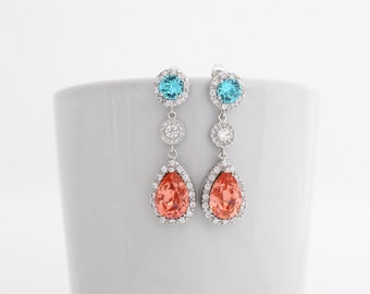 Aqua and Coral Bridesmaid Earrings, Luxury Bridesmaid Jewelry, Glamorous Wedding Earrings, Aquamarine Wedding Jewelry, Old Hollywood Wedding