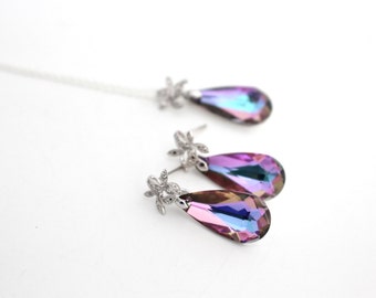 Lavender Bridesmaid Earring and Necklace Set, Swarovski Crystal Jewelry Set, Vitrail Light, Bridal Jewelry Set Silver