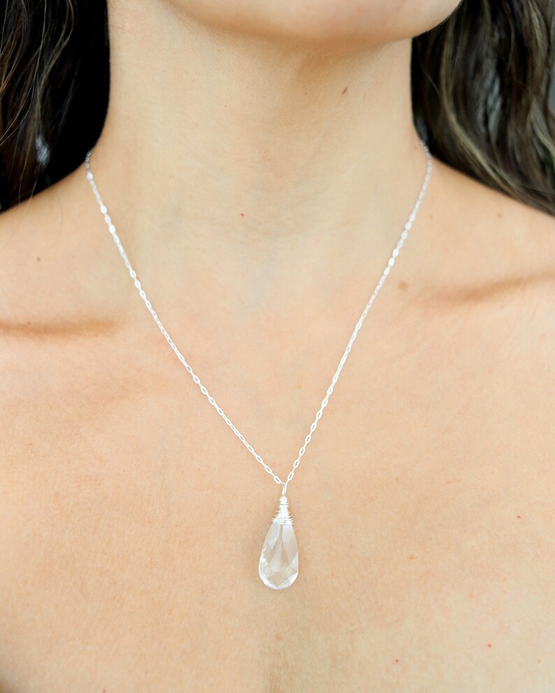 Clear Swarovski Teardrop Necklace, Sterling Silver, Gold or Rose Gold Filled Necklace, Wire Wrapped Bridesmaid Teardrop Necklace, Boho Bride image 5