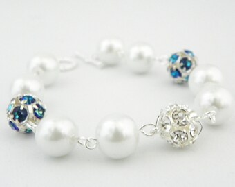 White Pearl Bracelet, Blue Rhinestone Bracelet, Peacock Wedding Jewelry, Silver bracelet, Bridal Bracelet, Something Blue, Wedding Bracelet