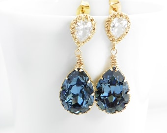 Denim Blue Swarovski Earrings, Gold and Blue Earrings, Navy Wedding Jewelry, Over Sterling Silver Bridesmaid Jewelry, Teardrop Earring Drop