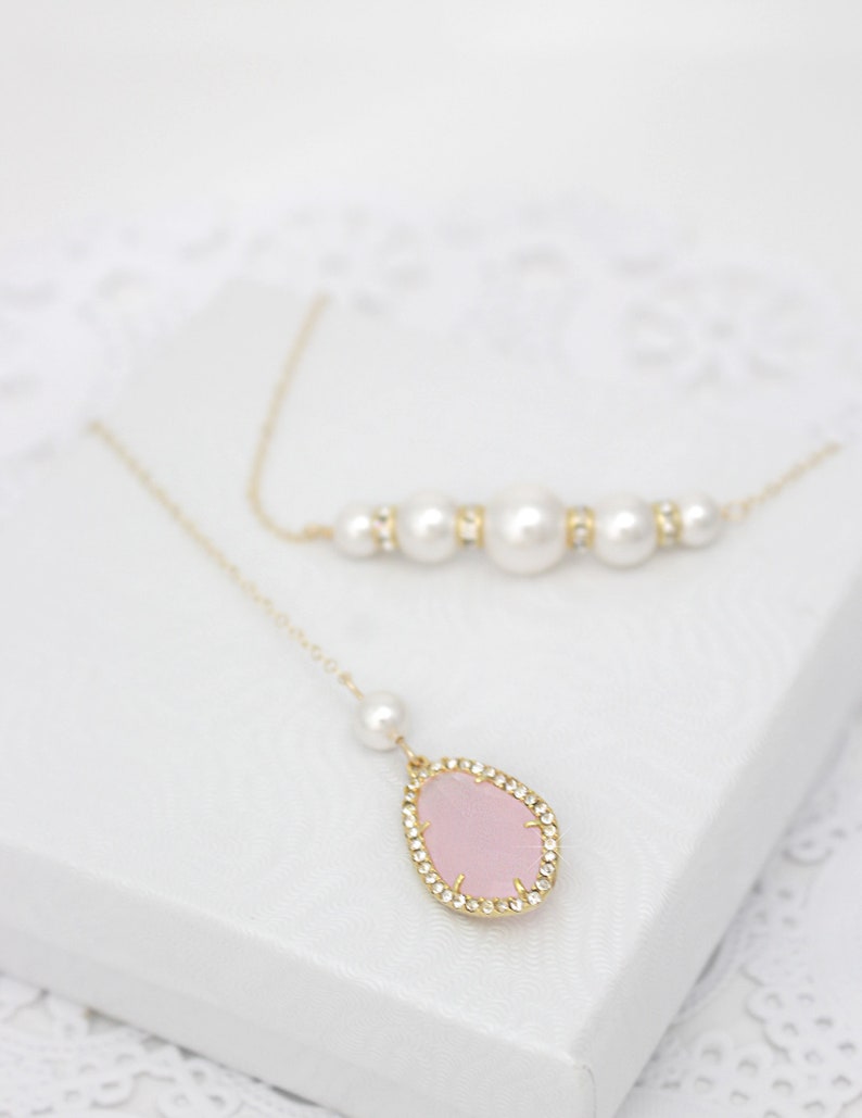 Dainty Pearl Bridal Backdrop Necklace Blush and Gold or Sterling Silver Long Back Necklace Pink Delicate Wedding Back Drop Necklace
