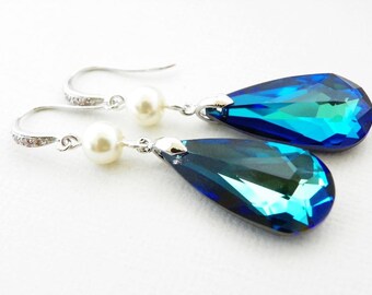 Beach Wedding Earrings, Dark Blue Swarovski Teardrop Briolette, Ivory Pearl, Maid of Honor, Peacock Jewelry, Bridesmaid Gift, Long Earrings.